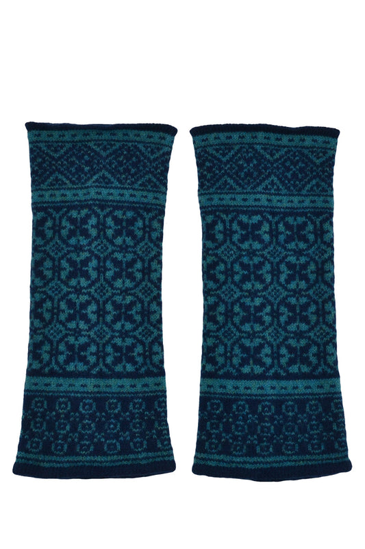 fair isle wrist warmer fingerless gloves teal navy blue rubislaw
