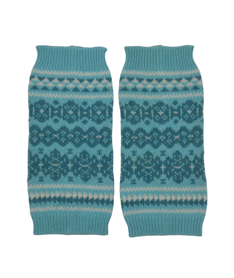 Fair isle fingerless gloves hand wrist warmers aqua Scottish lambs wool Stockbridge