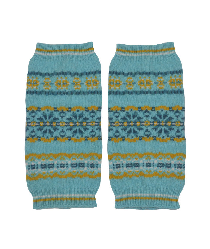 Fair isle hand wrist warmer fingerless gloves aqua yellow lambs wool Scalloway