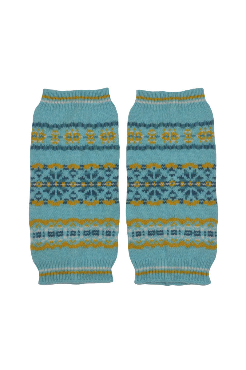 Fair isle hand wrist warmer fingerless gloves aqua yellow lambs wool Scalloway