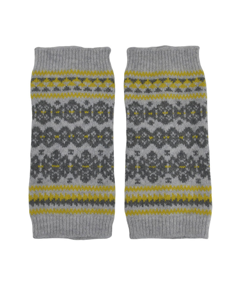 Fair isle fingerless gloves hand wrist warmers grey yellow Scottish lambs wool Stockbridge