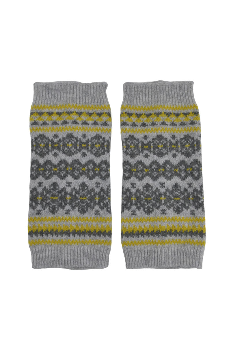 Fair isle fingerless gloves hand wrist warmers grey yellow Scottish lambs wool Stockbridge