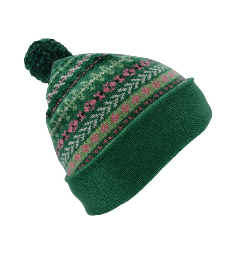 Green wool fair isle hat bobble pom ski ugie