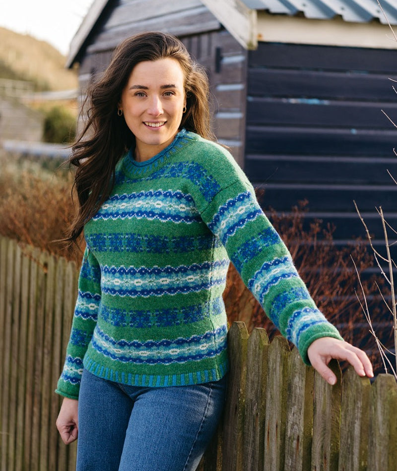 green shetland wool fair isle jumper sweater pitmedden blue