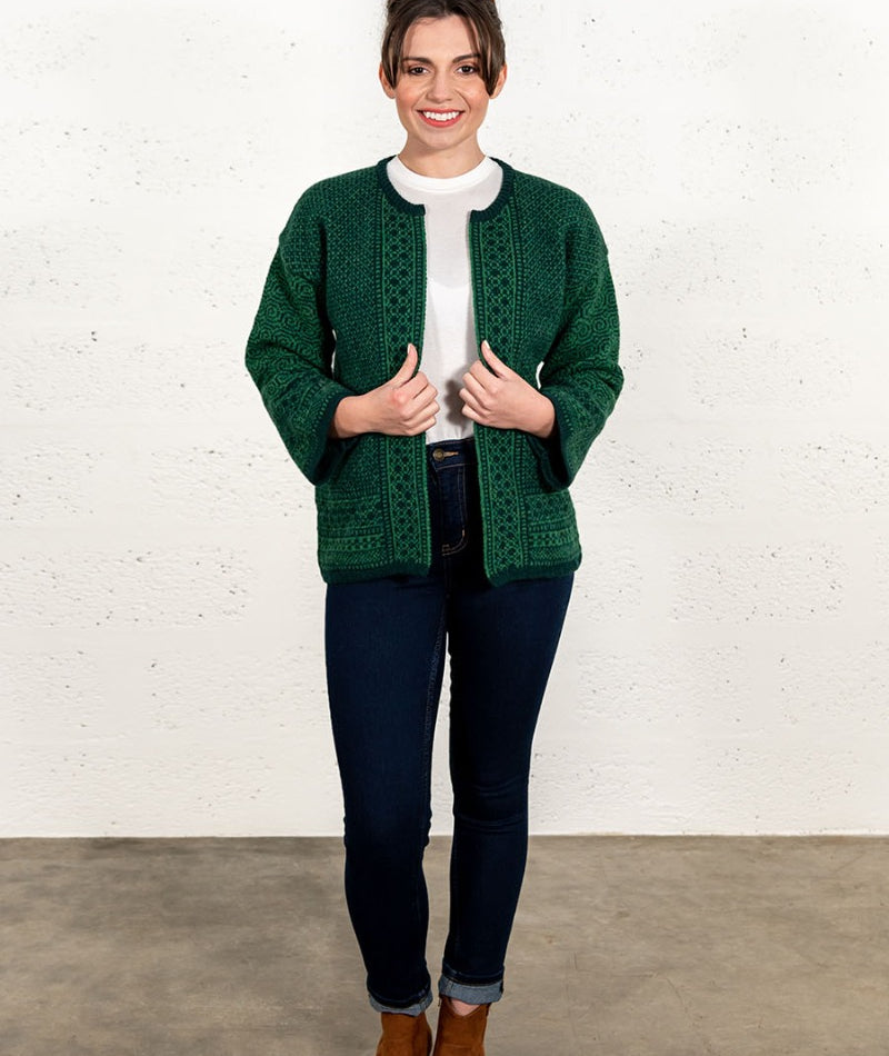 Ladies fair isle kimono cardigan coatigan green towie