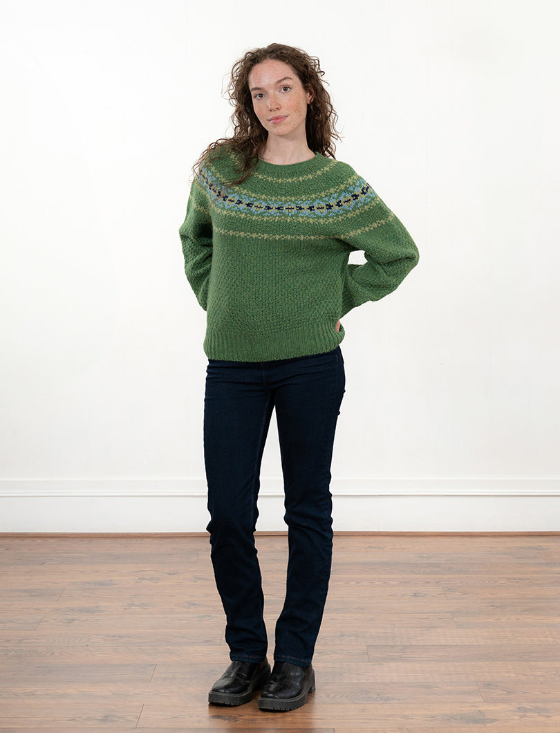 Womens Textured Chunky Knit Wool Yoke Fair Isle Jumper in Green