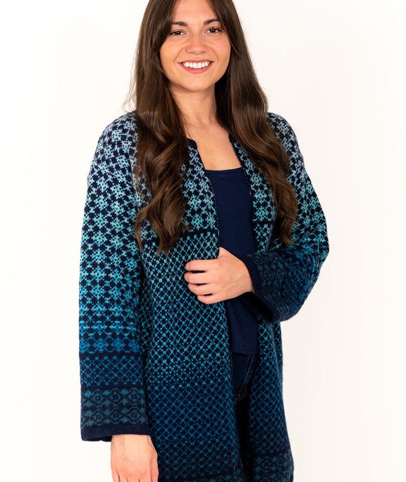 kimono cardigan fair isle navy blue wool long coatigan