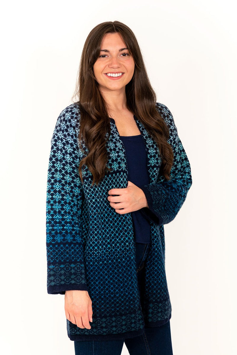 kimono cardigan fair isle navy blue wool long coatigan