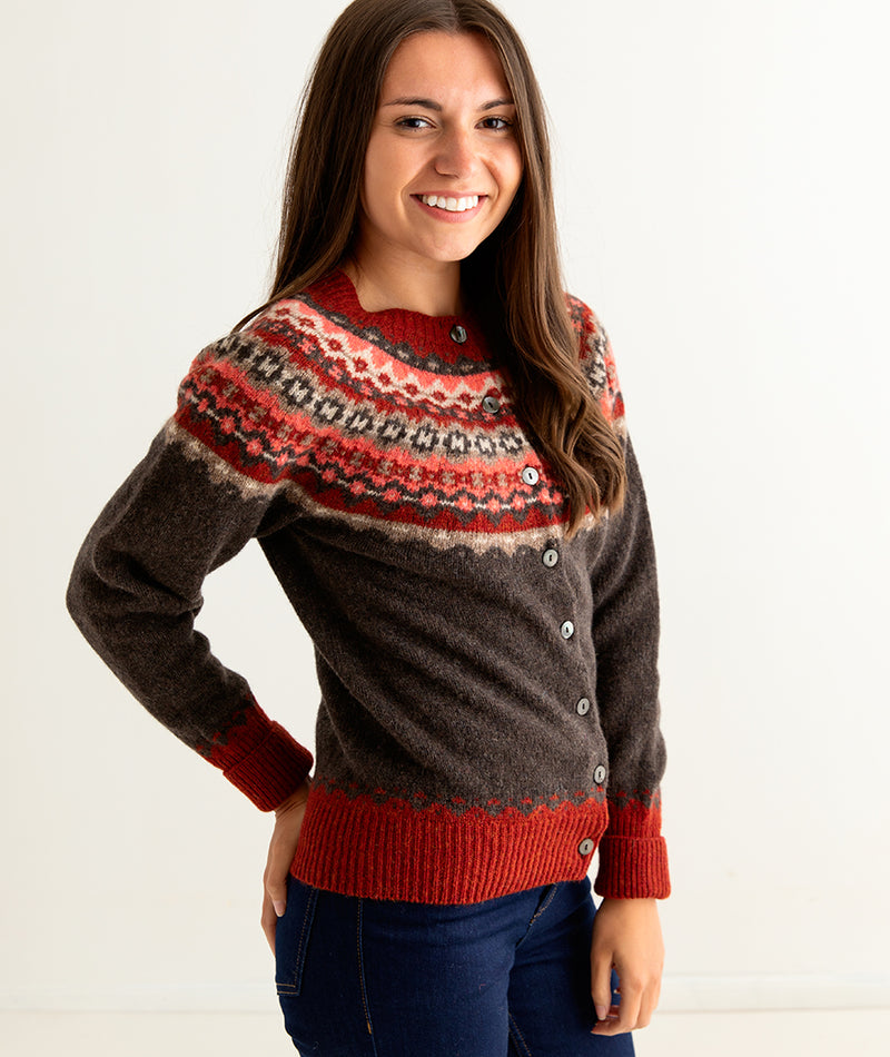 ladies brown fair isle cardigan wool red russet crathie womens fairisle side