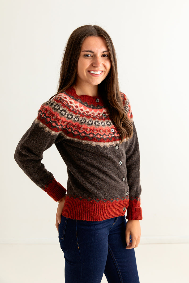 ladies brown fair isle cardigan wool red russet crathie womens fairisle side