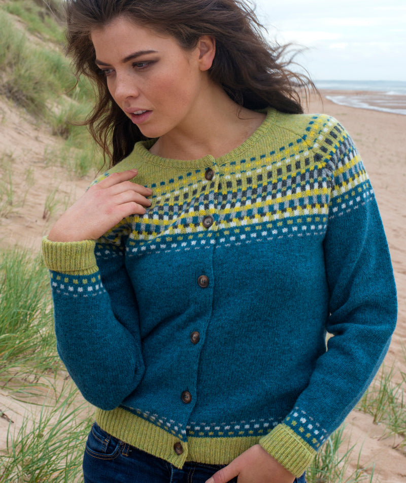 Ladies building blocks fair isle cardigan. Teal