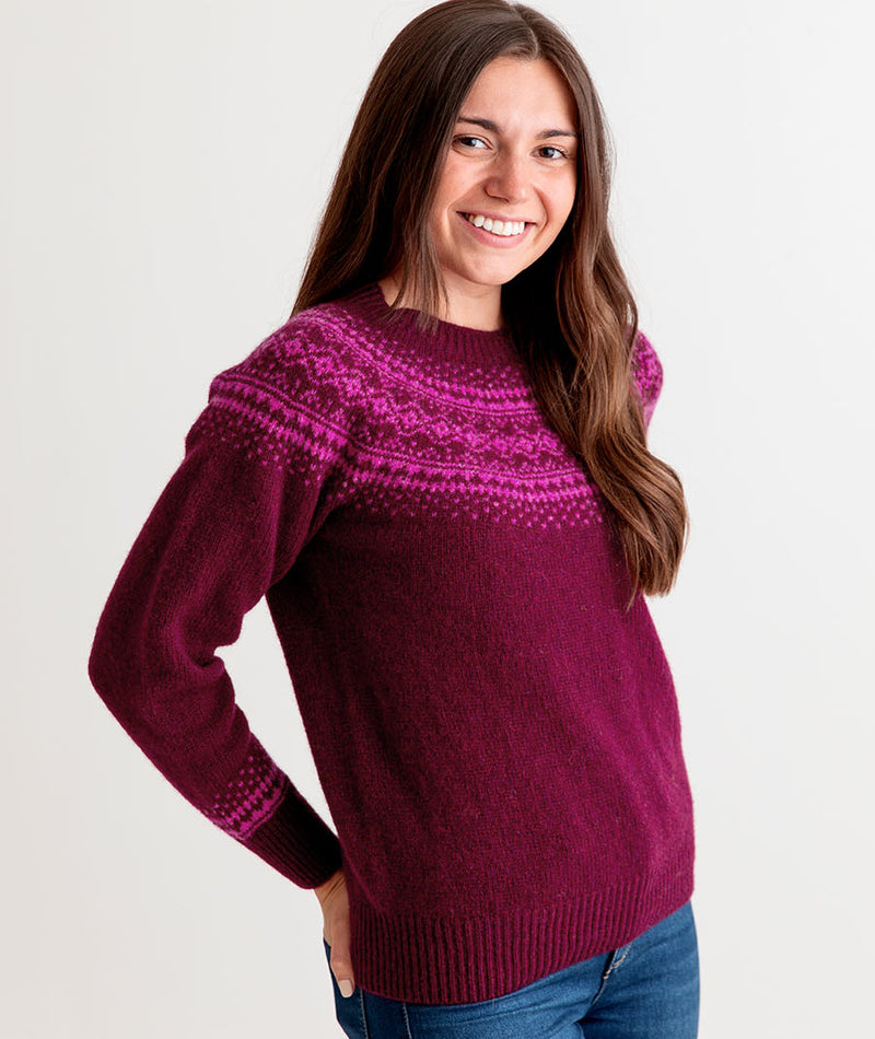 ladies burgundy fair isle jumper sweater aviemore yoke shetland wool