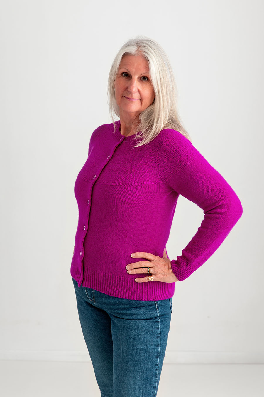 Womens Gansey Cardigan in Fuchsia Pink Geelong Superfine Lambs wool