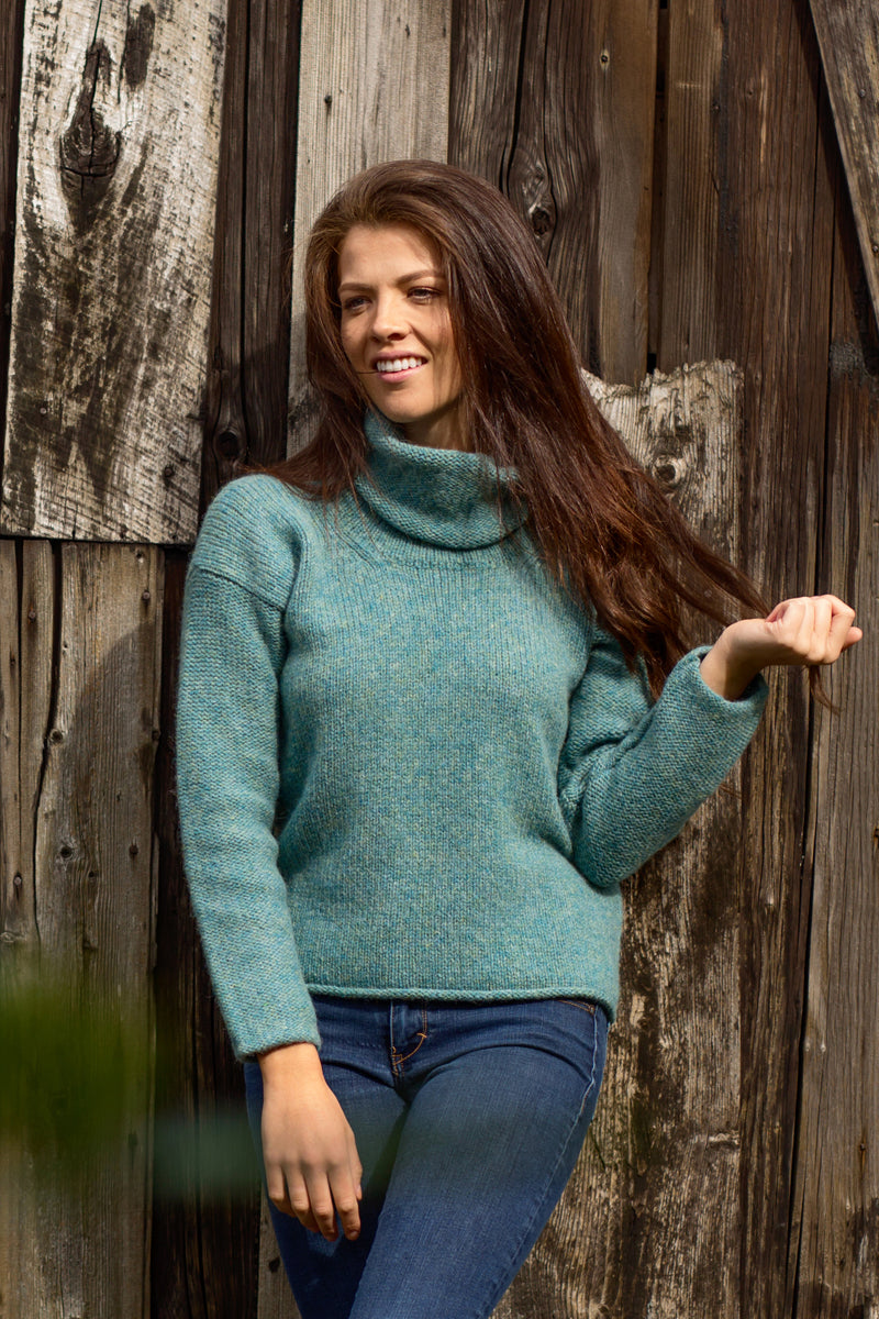 ladies chunky wool cowl neck jumper teal