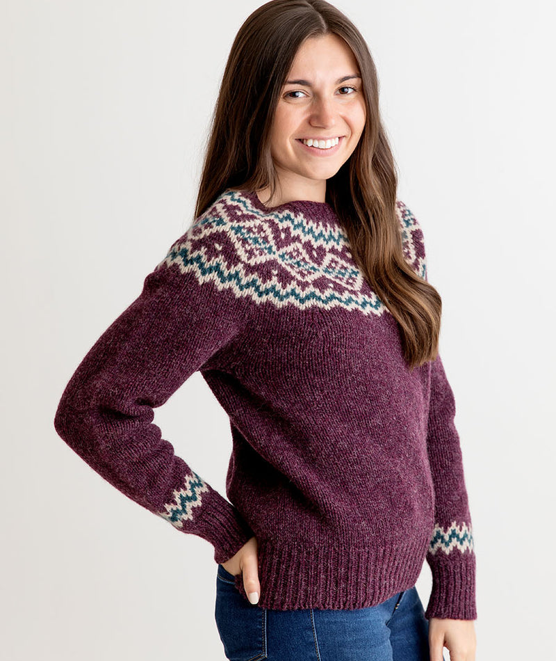 ladies chunky fair isle jumper sweater purple wool aubergine finnieston yoke