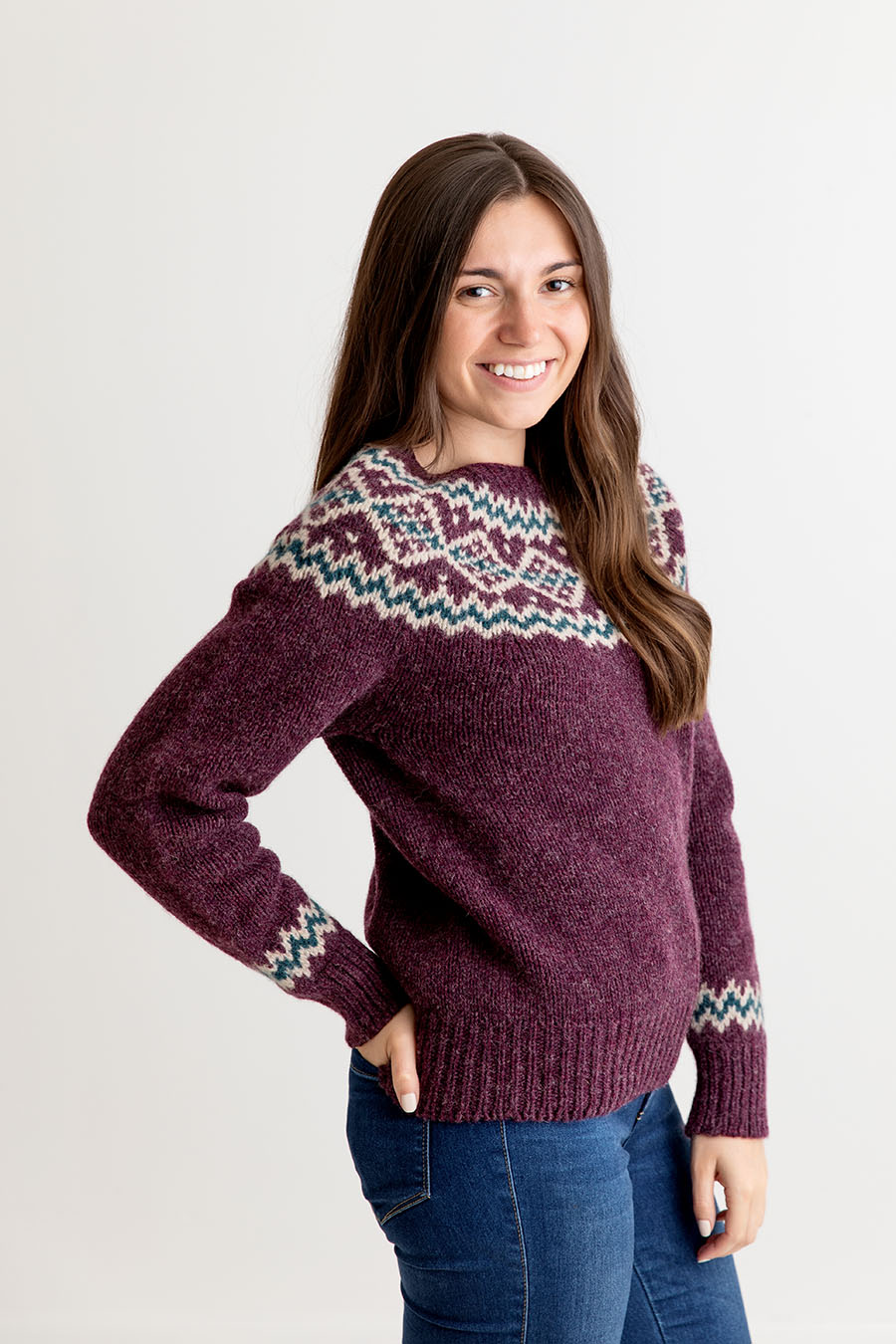 ladies chunky fair isle jumper sweater purple wool aubergine finnieston yoke