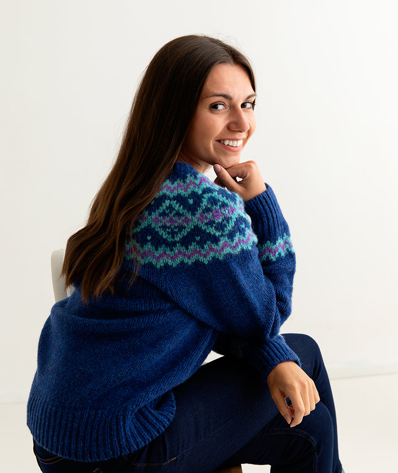 ladies chunky wool fair isle jumper sweater royal blue finnieston yoke side