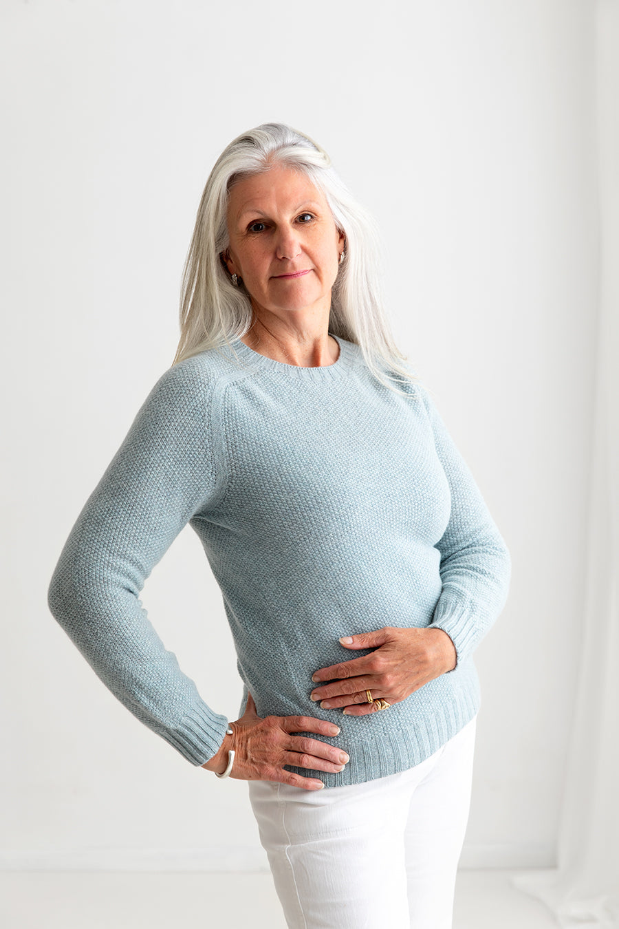 Womens Geelong Superfine Lambswool Moss Stitch Jumper in a soft Duck egg blue