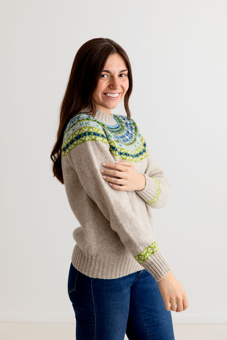 Womens Festival yoke fair isle jumper Beige