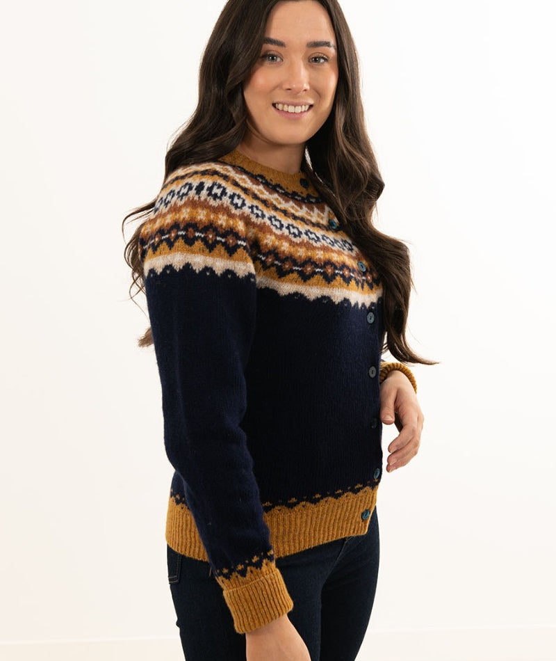 Ladies fair isle cardigan navy blue yellow wool crathie