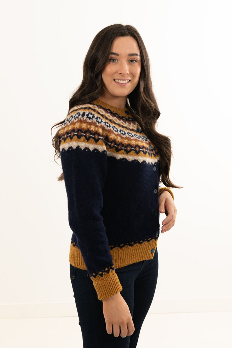 Ladies fair isle cardigan navy blue yellow wool crathie
