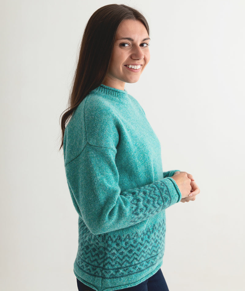 ladies fair isle jumper sweater aqua wool braemar side