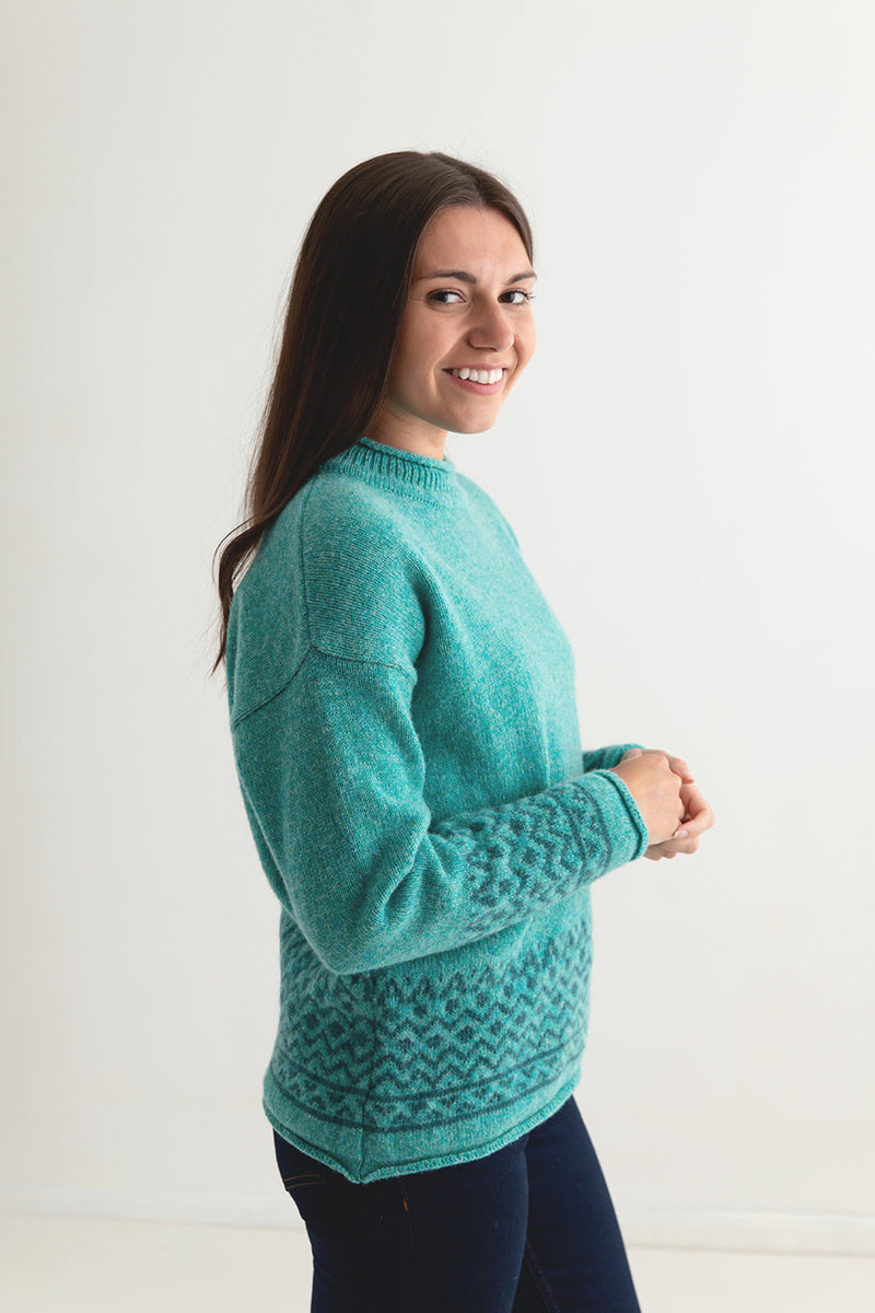 ladies fair isle jumper sweater aqua wool braemar side