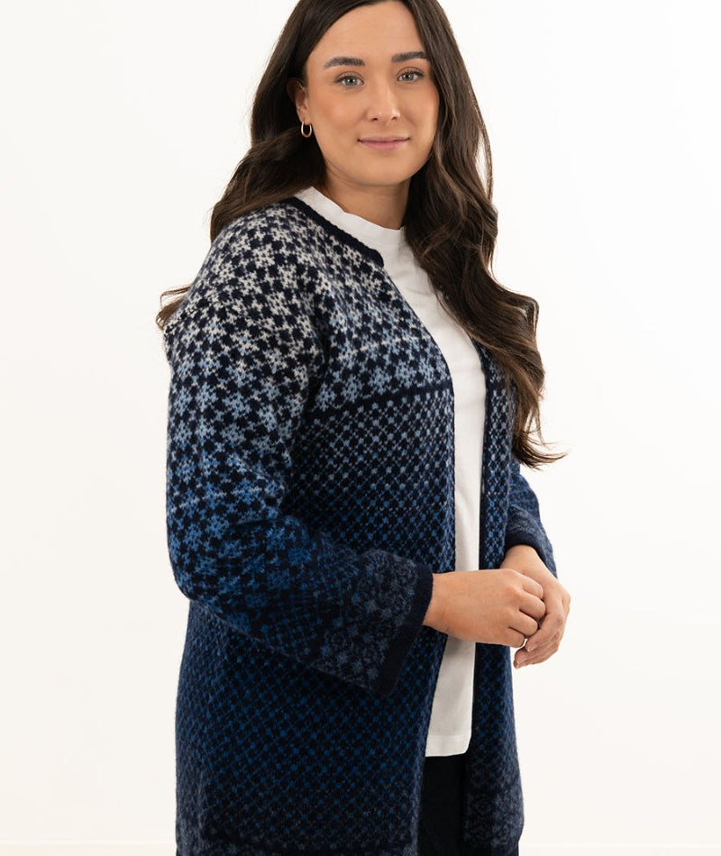 Womens Fair isle Long Kimono Cardigan Coatigan Blue White