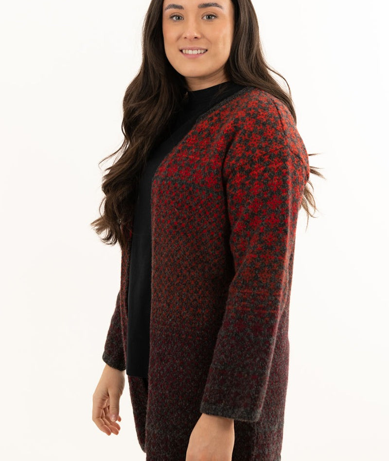 ladies fair isle long cardigan red grey kimono