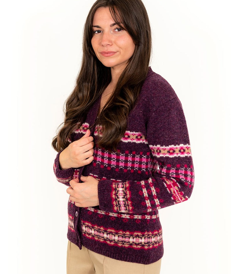 ladies fair isle v neck cardigan wool aubergine purple pink