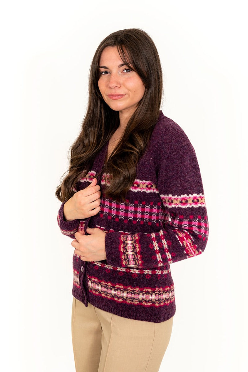ladies fair isle v neck cardigan wool aubergine purple pink