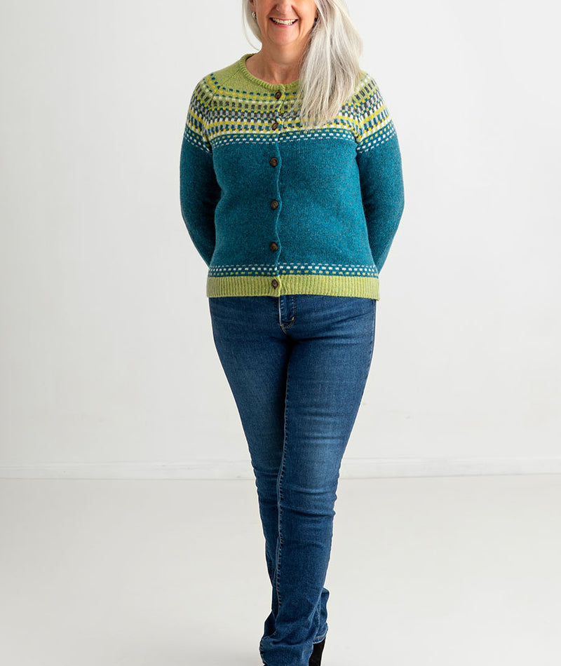 womens fairisle cardigan wool sweater teal green blocks