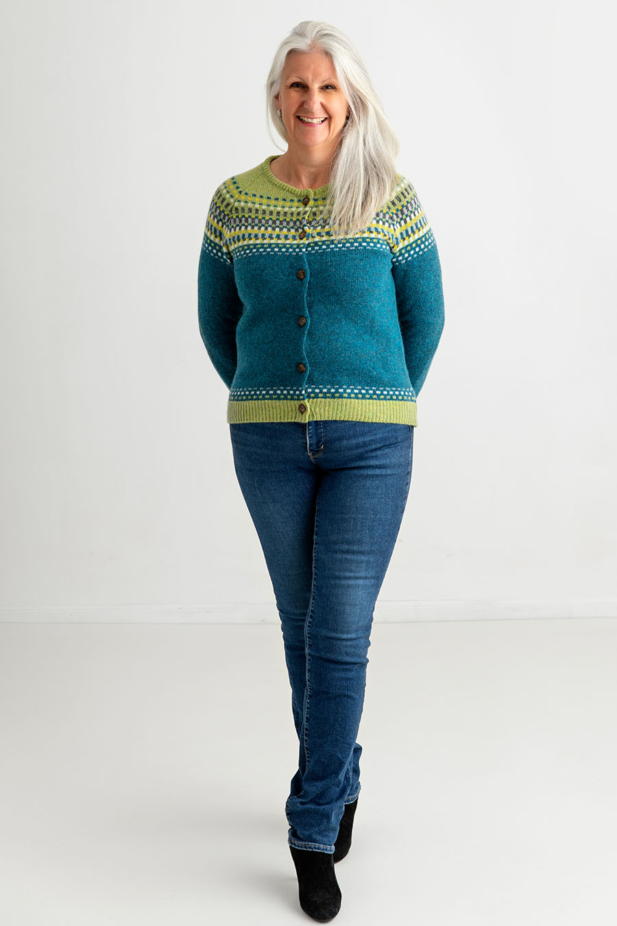womens fairisle cardigan wool sweater teal green blocks