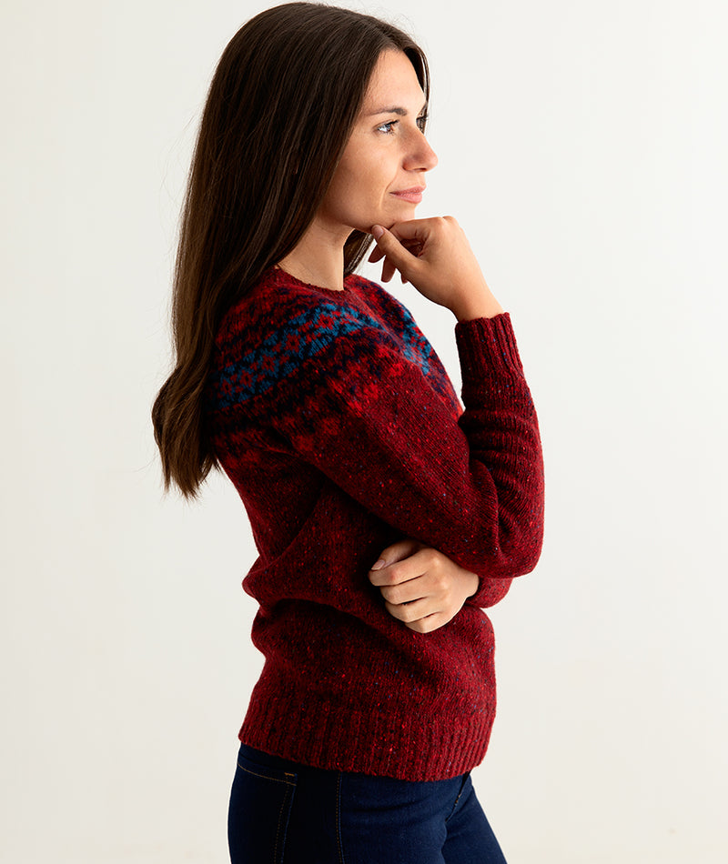 ladies red fair isle jumper sweater wool fairisle donegal merino side