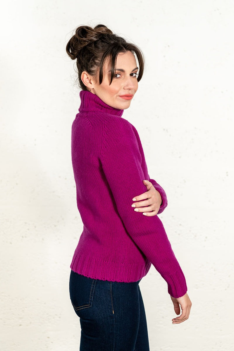 ladies fuchsia pink chunky lambs wool polo neck jumper sweater