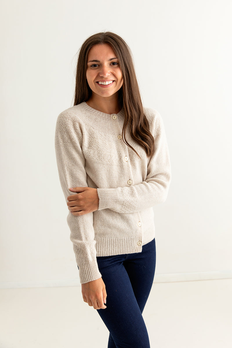 ladies lambs wool gansey guernsey cardigan fine geelong almond beige