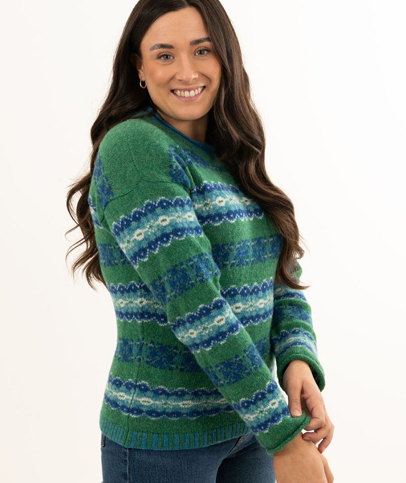 ladies green wool fair isle jumper sweater blue pitmedden