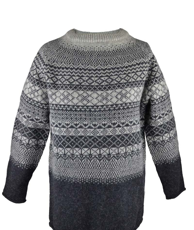 Ladies lace fair isle tunic jumper. Charcoal grey. front