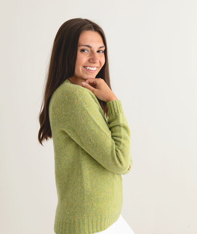 ladies lime shetland wool jumper sweater saddle shoulder green side