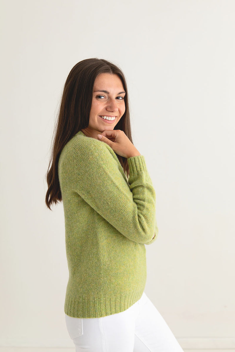 ladies lime shetland wool jumper sweater saddle shoulder green side