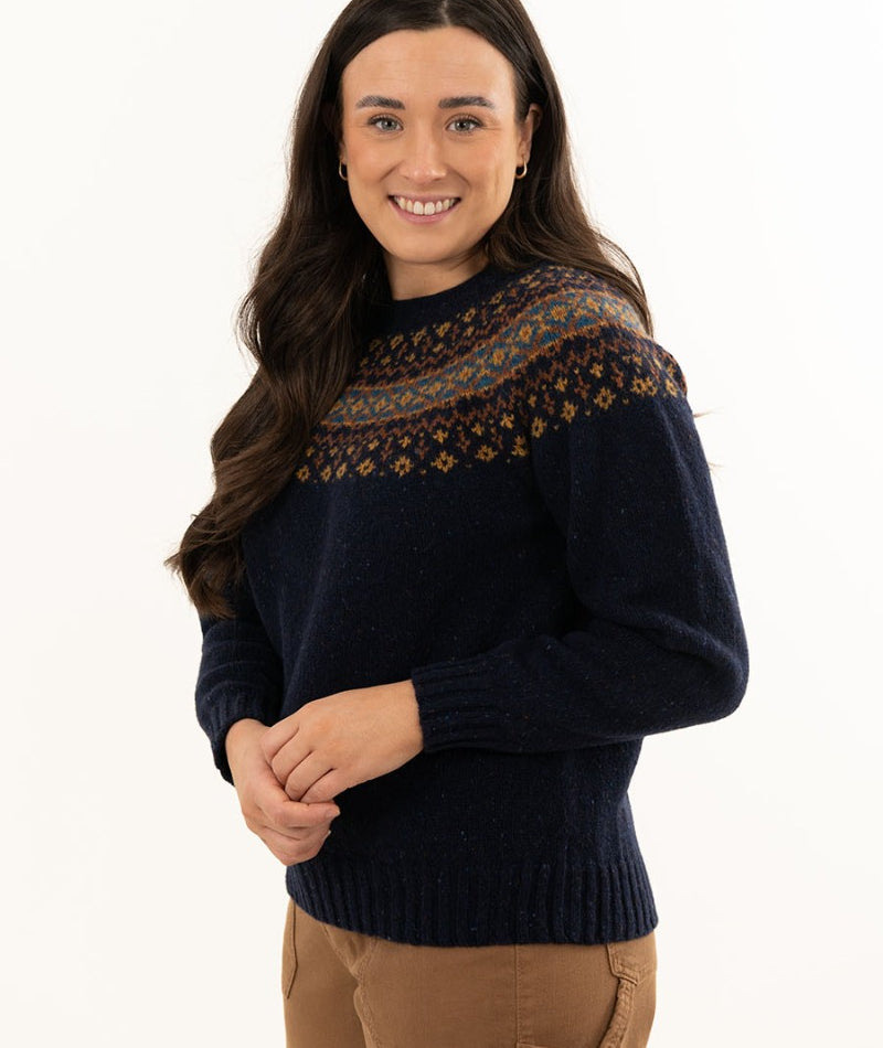 Ladies navy blue fair isle jumper sweater croft yoke wool