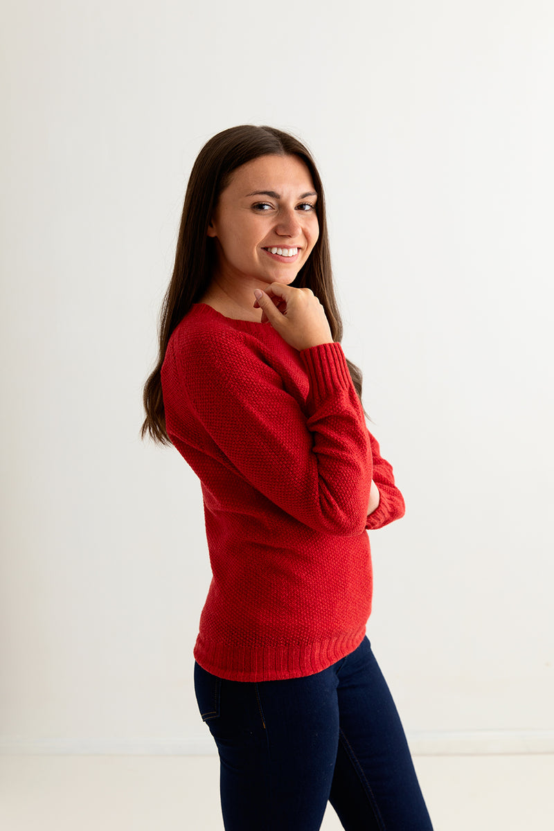 ladies red moss stitch jumper sweater fine lambs wool geelong side