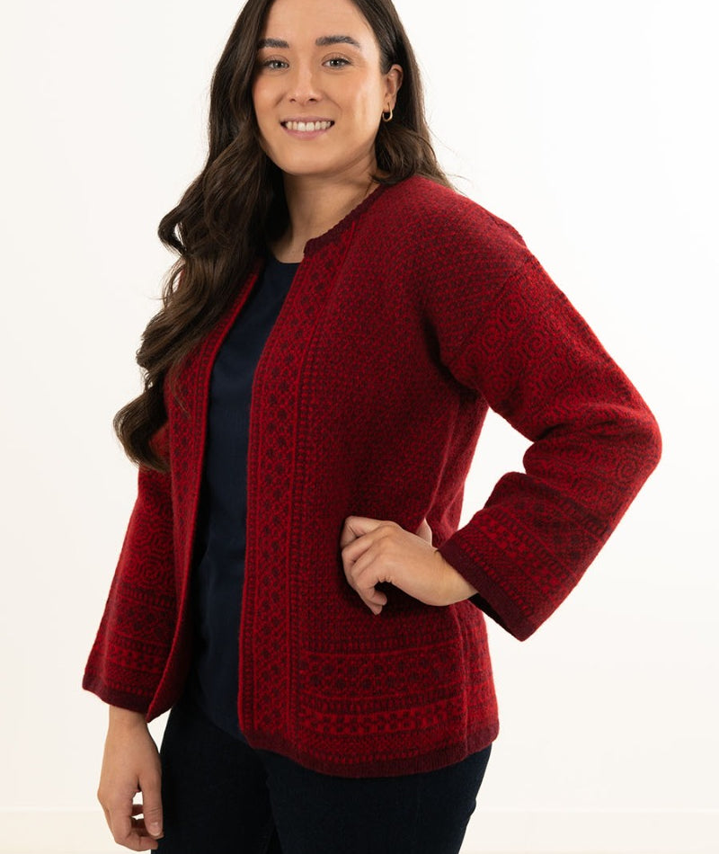 Ladies red wool fair isle cardigan kimono coatigan jacket