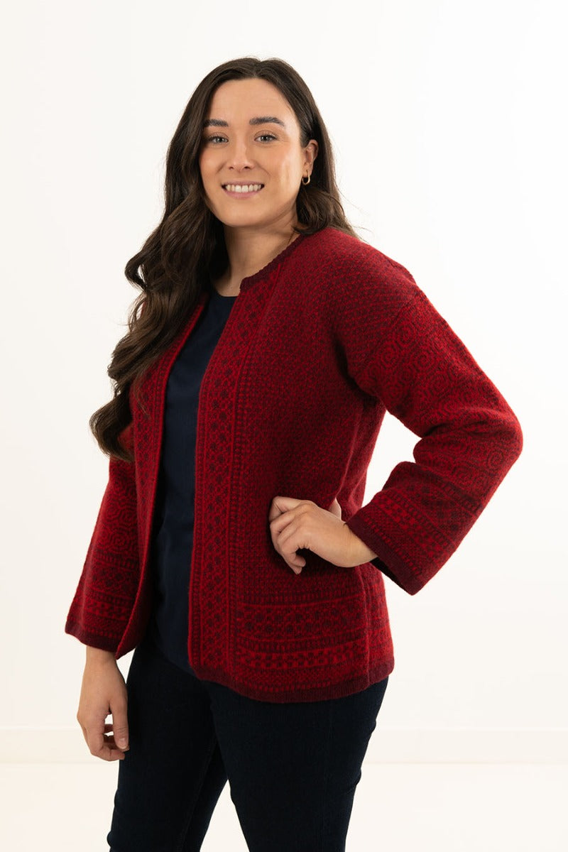 Ladies red wool fair isle cardigan kimono coatigan jacket