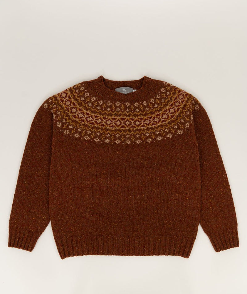 British wool fair isle jumper rust brown croft yoke