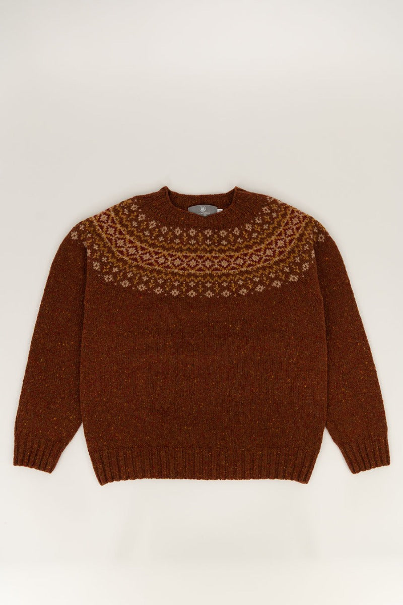 British wool fair isle jumper rust brown croft yoke