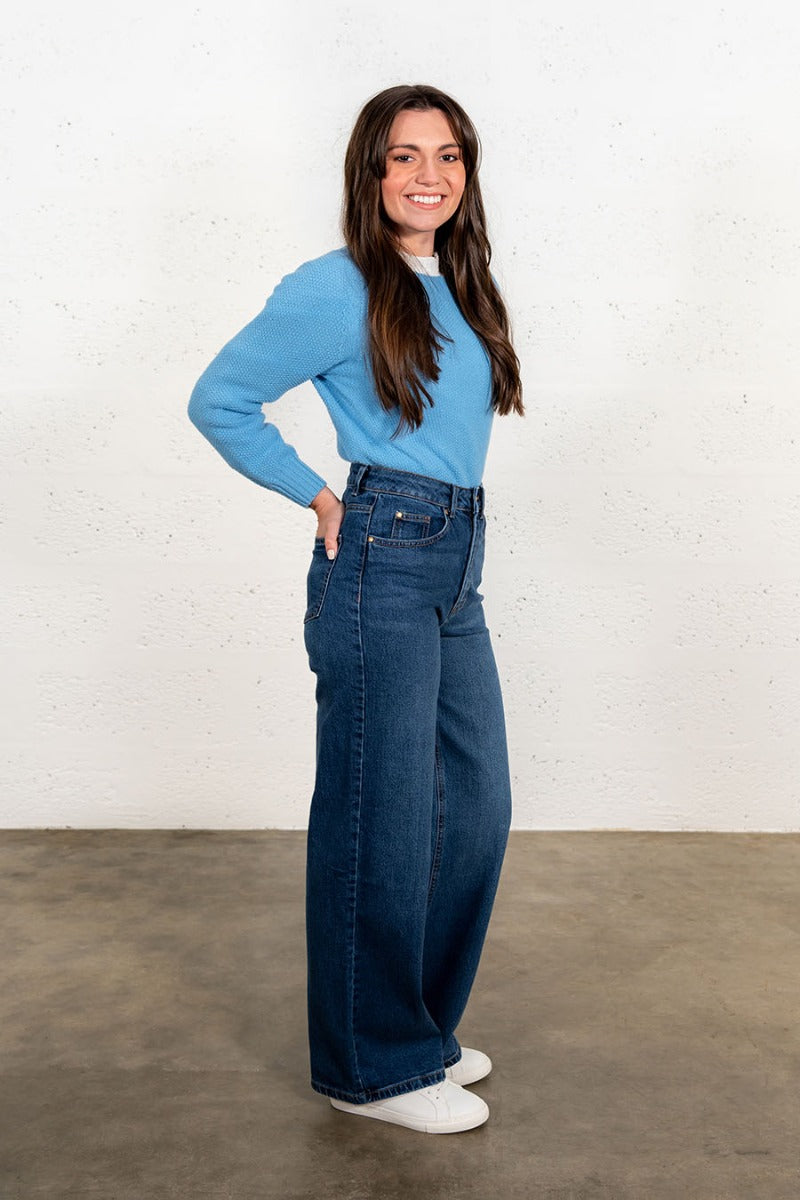 womens sky blue moss stitch jumper sweater geelong lambs wool