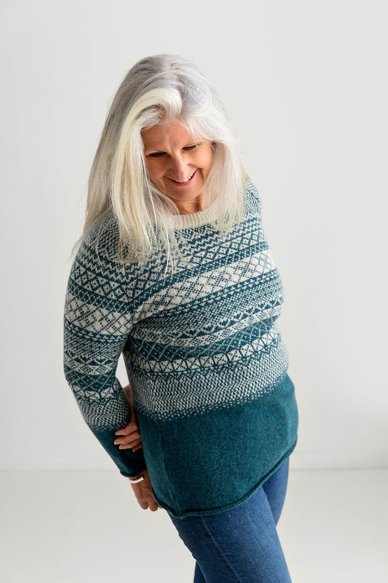 ladies teal fair isle jumper tunic sweater teal storm wool