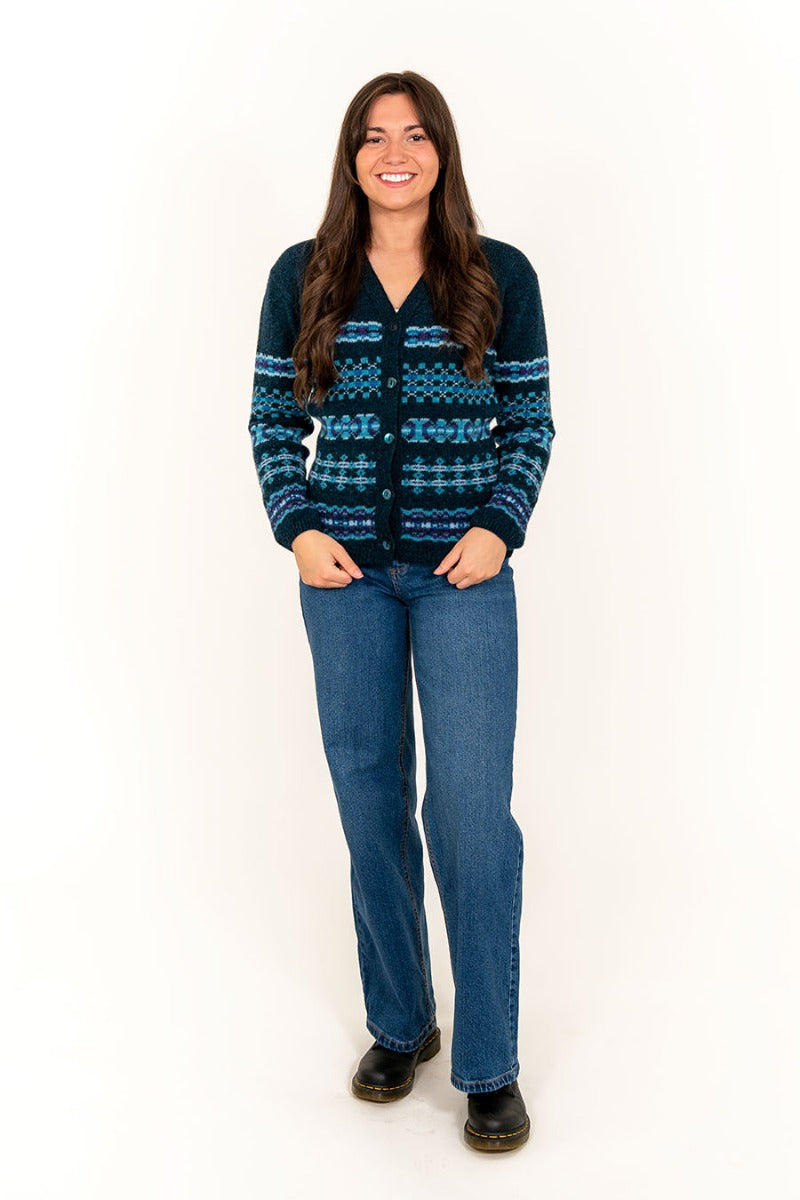 ladies teal wool cardigan v neck fair isle craigievar