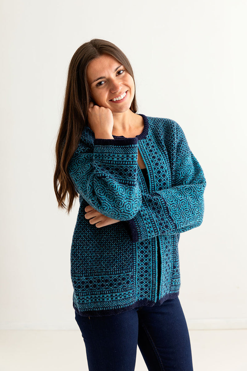 ladies fair isle coatigan kimono cardigan navy blue teal wool towie